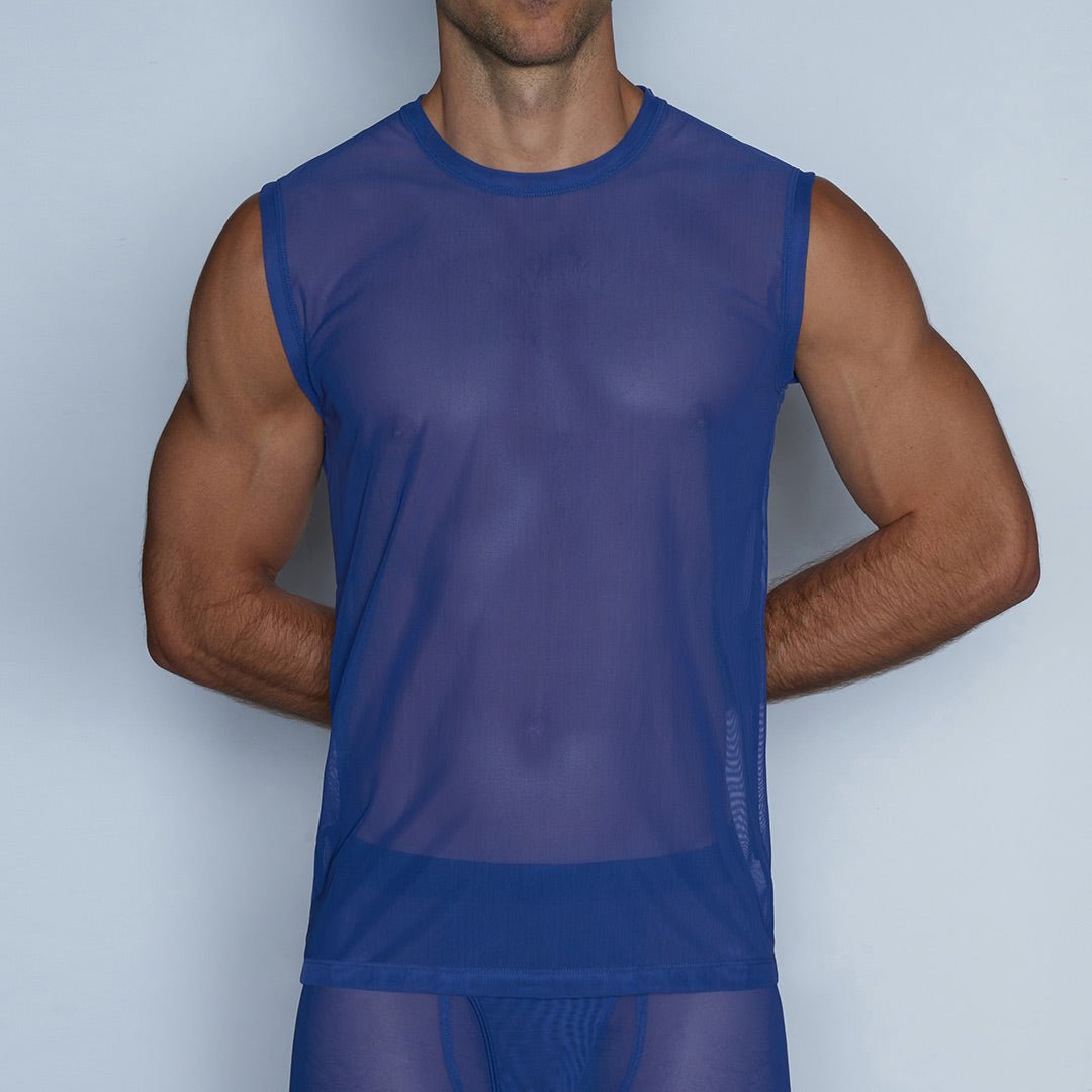 Sheer Sleeveless Crew Neck T-Shirt Bari Blue - C - IN2 New York