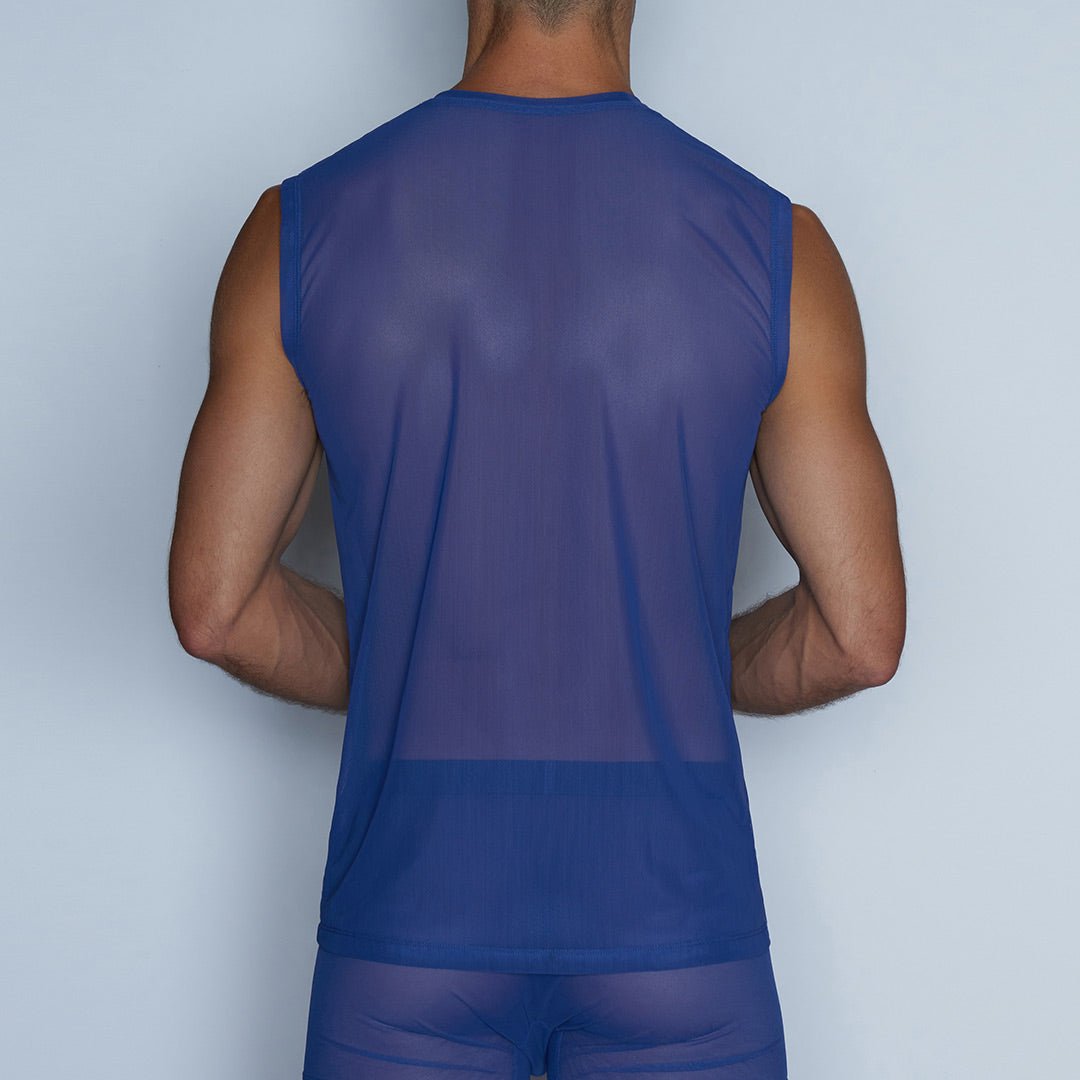 Sheer Sleeveless Crew Neck T-Shirt Bari Blue - C - IN2 New York